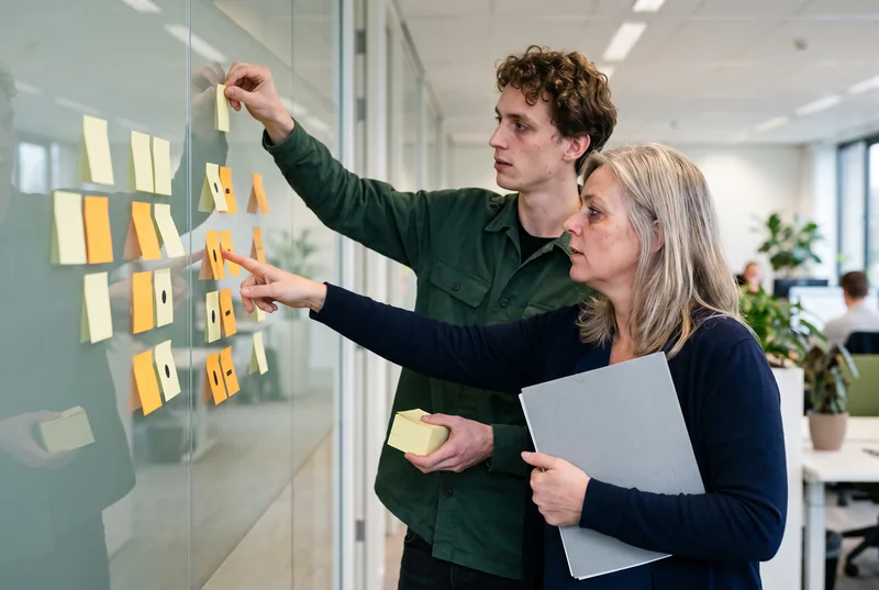 Twee collega’s bespreken een procedure aan een glazen wand